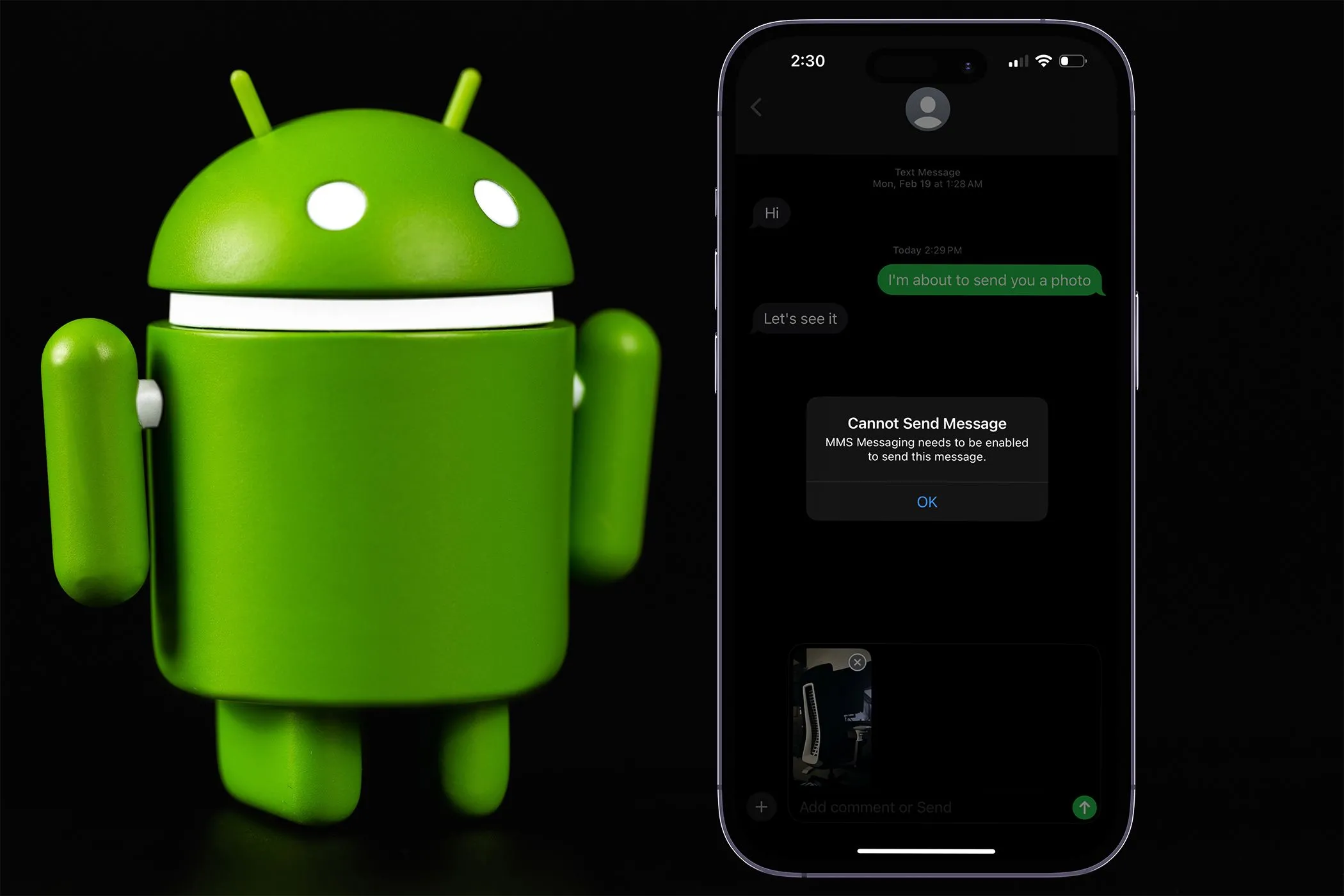 Màn hình iPhone hiển thị lỗi &quot;Không thể gửi tin nhắn&quot; bên cạnh biểu tượng Android, tượng trưng cho khó khăn khi chuyển đổi hệ sinh thái iMessage sang Android.