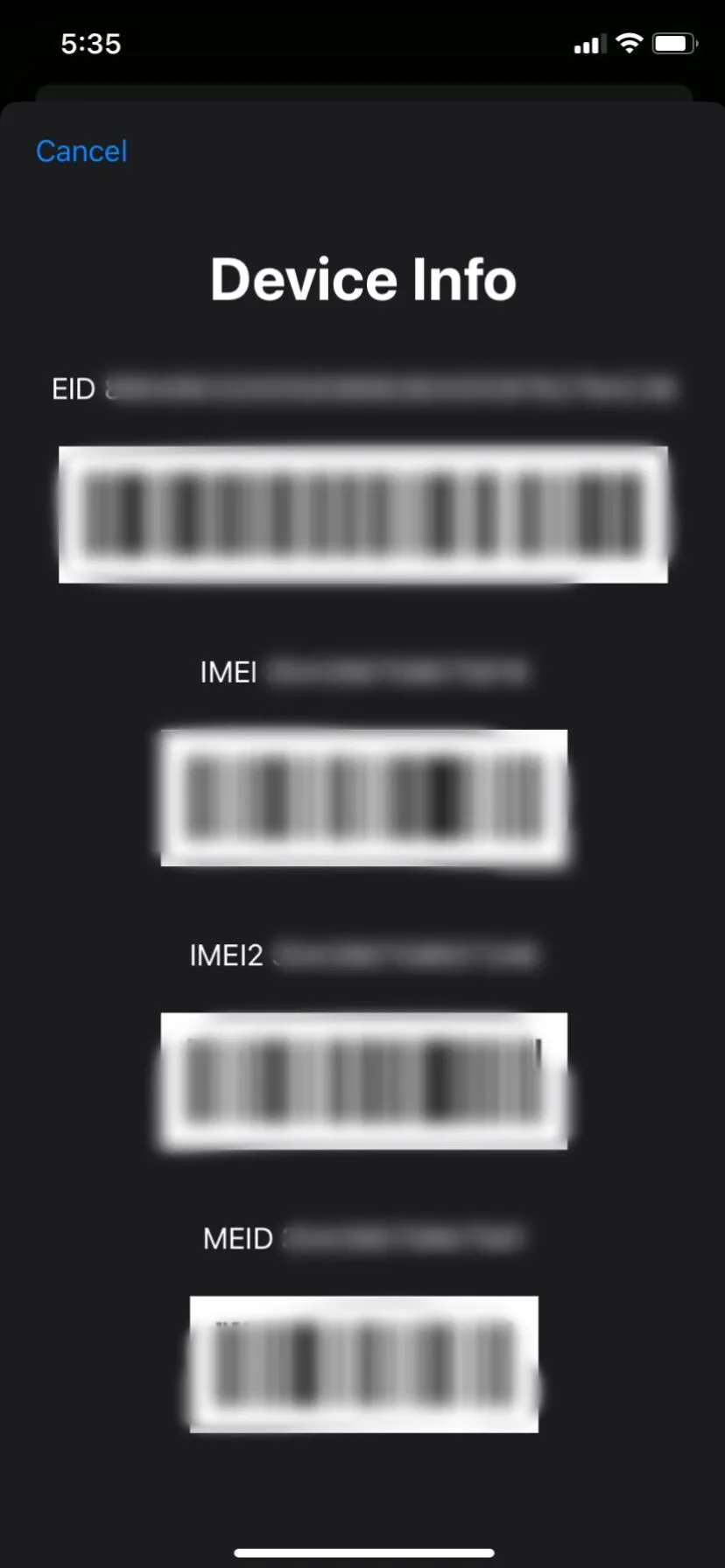 Màn hình iPhone hiển thị số IMEI và thông tin phần cứng sau khi nhập mã *#06#.