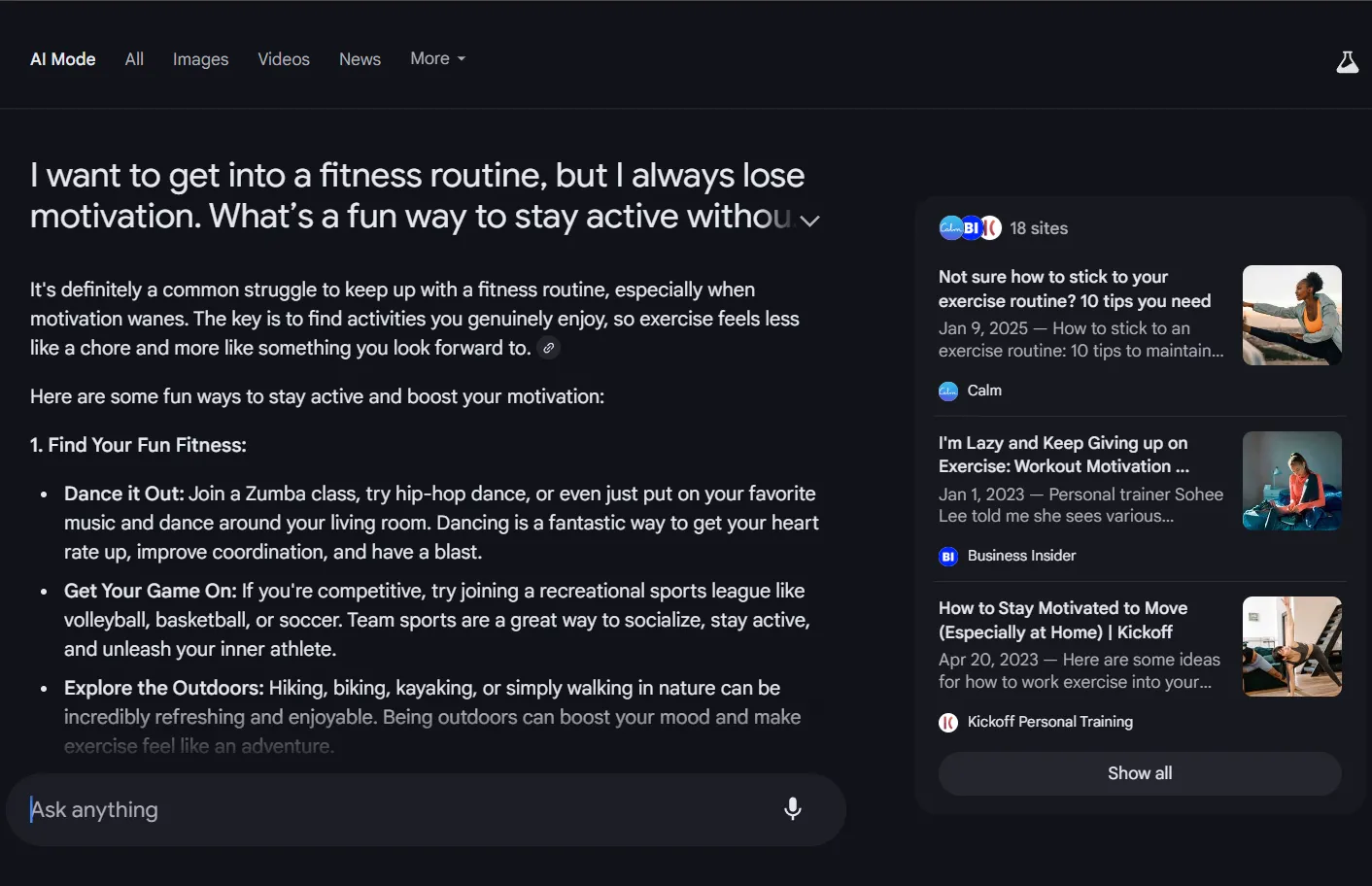 Màn hình lời khuyên cá nhân từ Google AI Mode