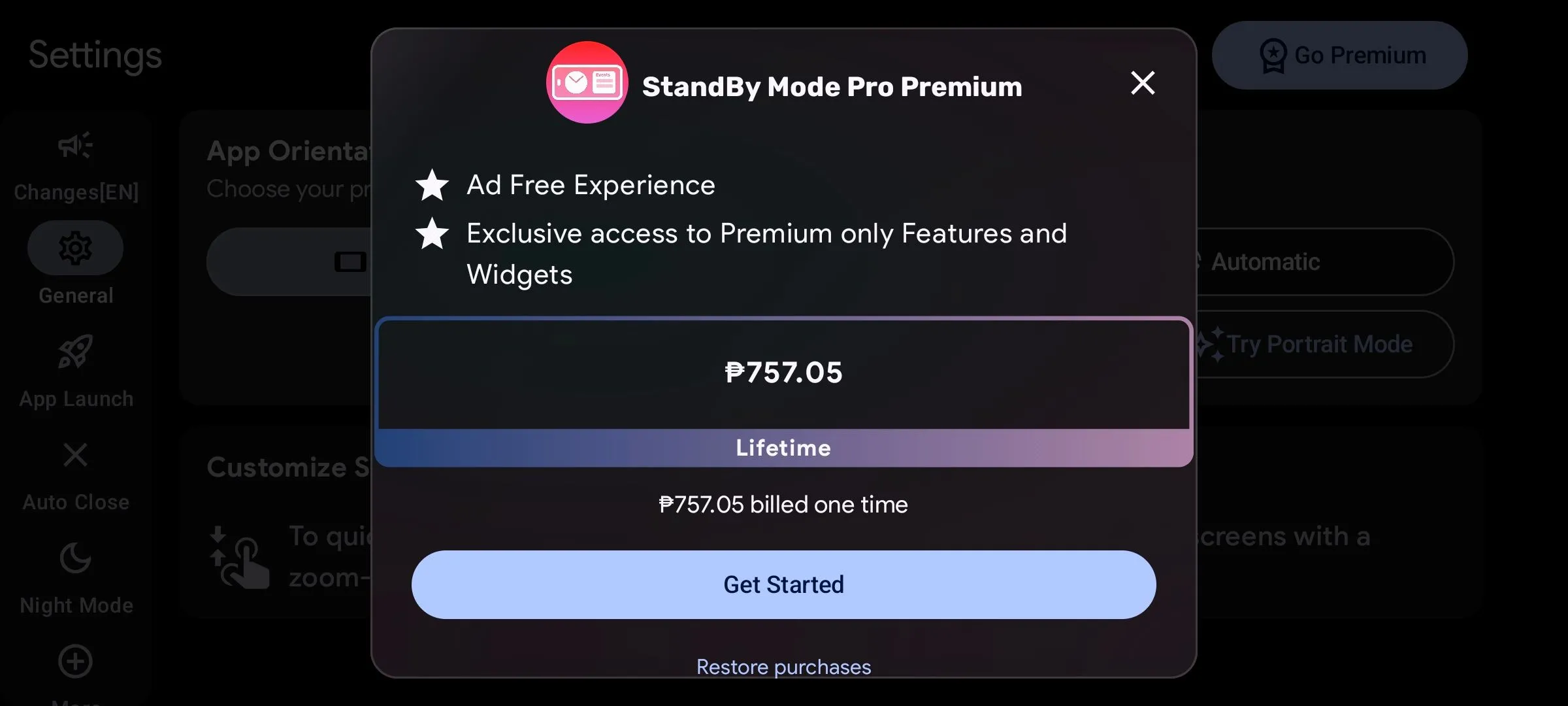 Màn hình mua gói Premium của ứng dụng StandBy Mode Pro trên Android