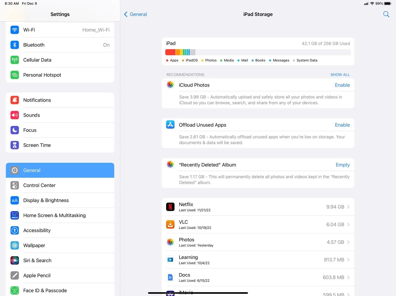 Màn hình quản lý bộ nhớ trên iPad, cho thấy dung lượng lưu trữ đang được sử dụng.