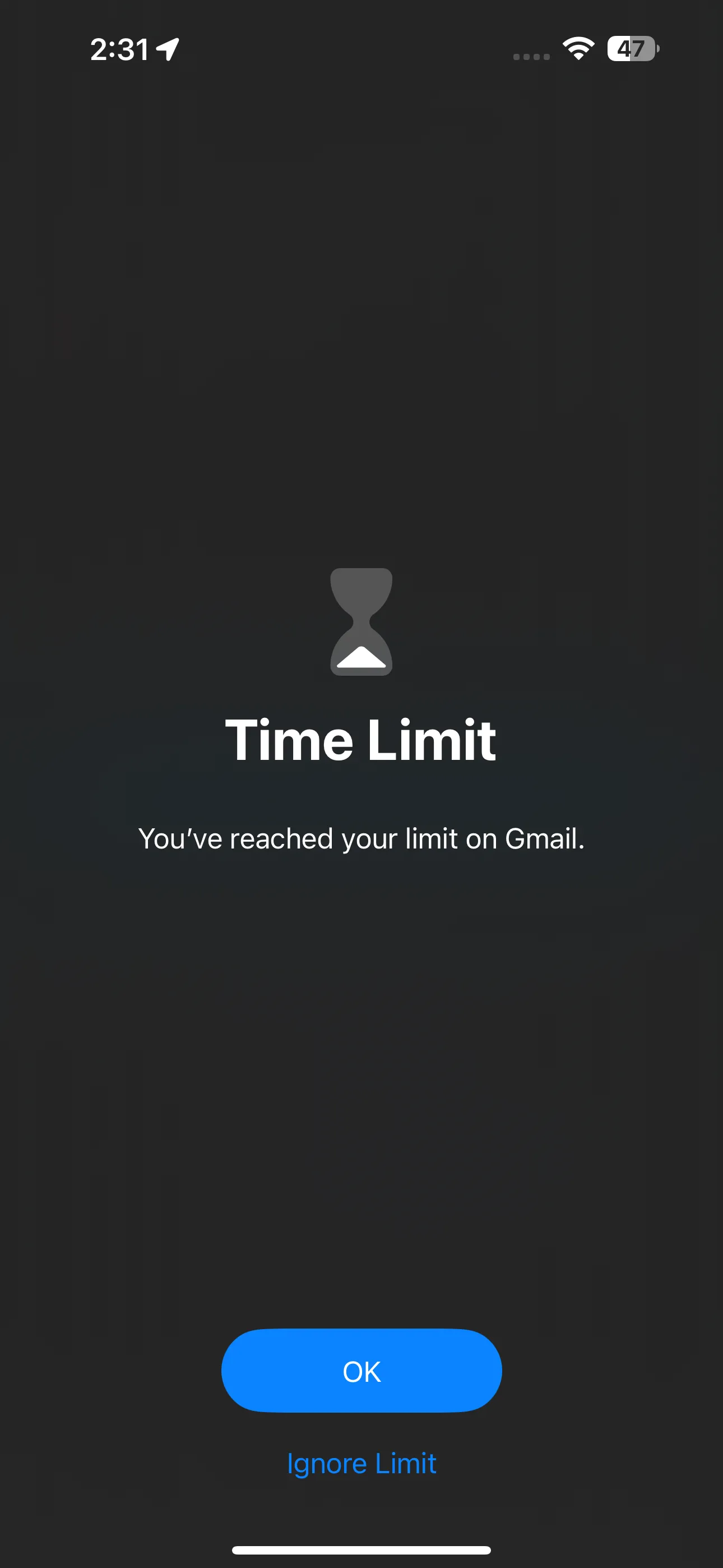 Màn hình thông báo &quot;Bạn đã đạt giới hạn sử dụng&quot; trên ứng dụng Gmail của iPhone, xuất hiện khi tính năng Giờ nghỉ hoặc Giới hạn ứng dụng được kích hoạt, nhắc nhở người dùng về thời gian đã đặt.