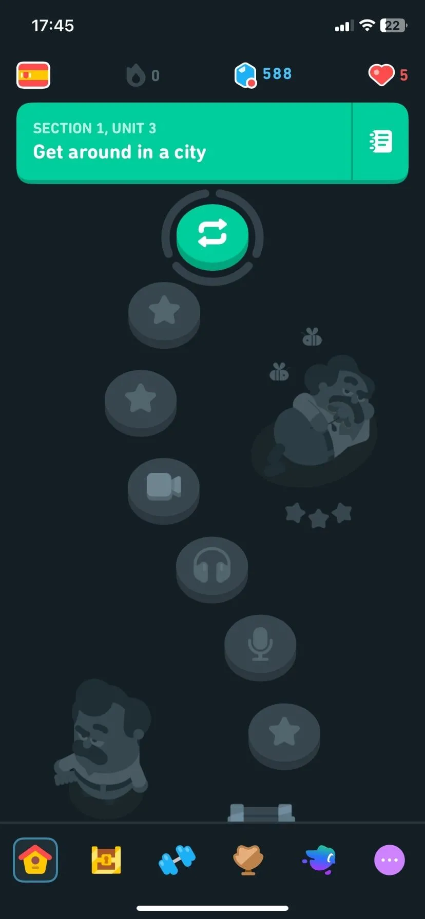 Màn hình tiến độ học ngôn ngữ theo đơn vị của Duolingo, hiển thị các bài học đã hoàn thành.