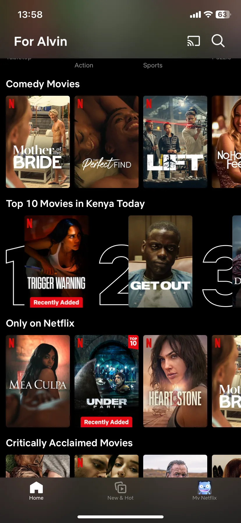 Màn hình trang chủ Netflix trên thiết bị iOS, hiển thị các bộ phim và chương trình đề xuất.