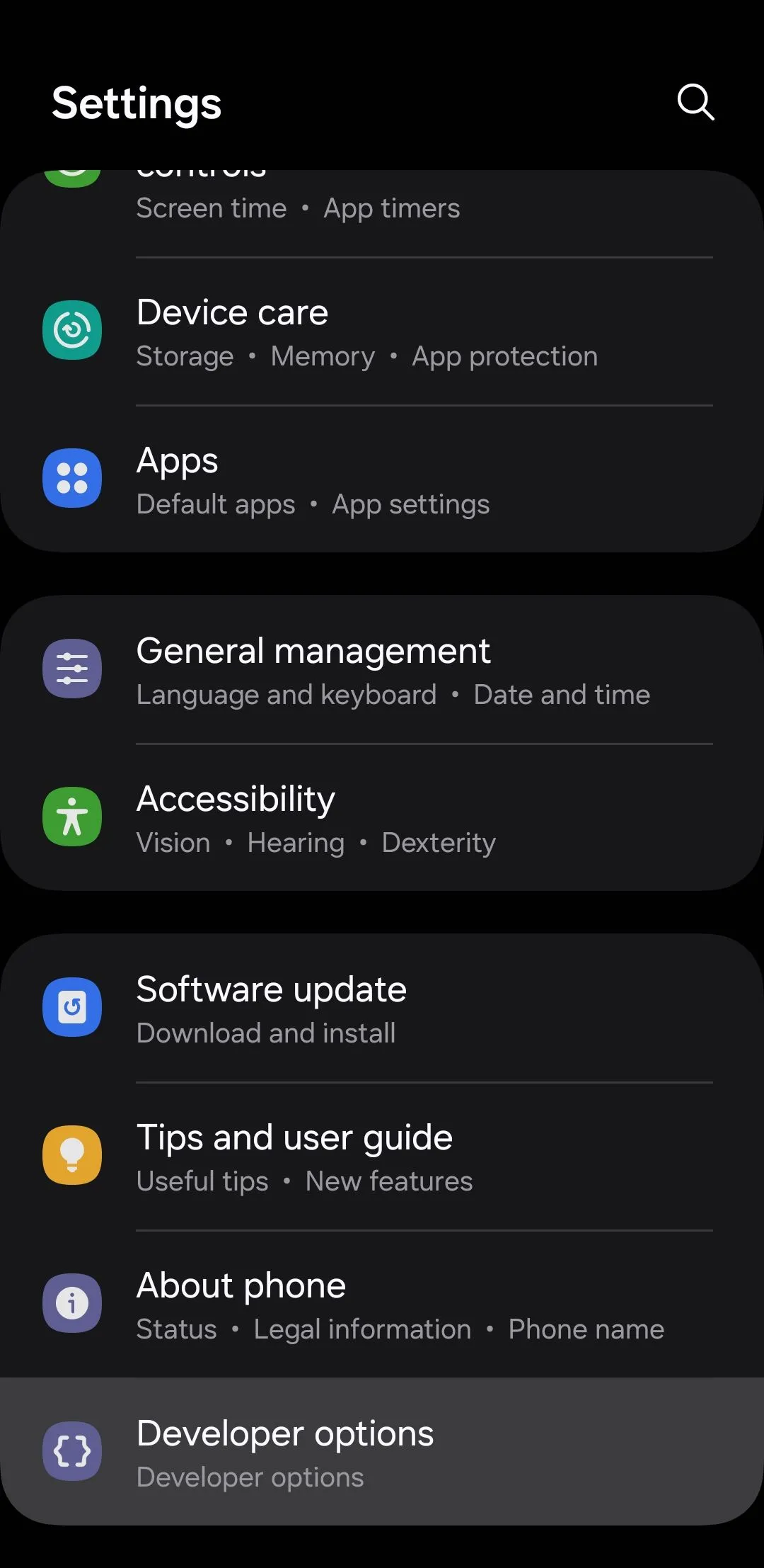 Màn hình Tùy chọn nhà phát triển trên hệ điều hành Android