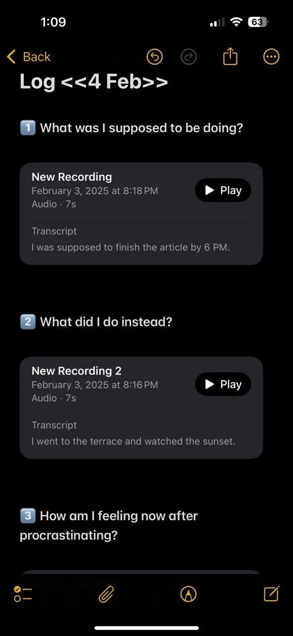 Màn hình ứng dụng Apple Notes hiển thị nhật ký trì hoãn đã được chuyển đổi từ giọng nói sang văn bản, giúp dễ dàng theo dõi và phân tích