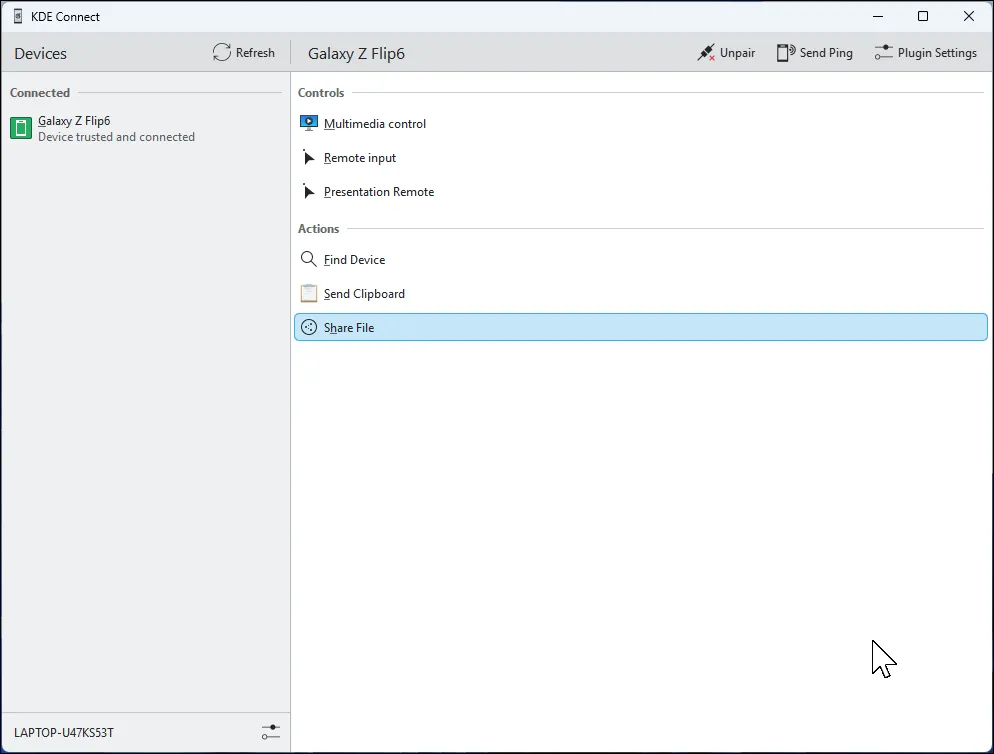 Màn hình ứng dụng KDE Connect đang chạy trên Windows 11, hiển thị các tùy chọn kết nối và điều khiển từ xa.