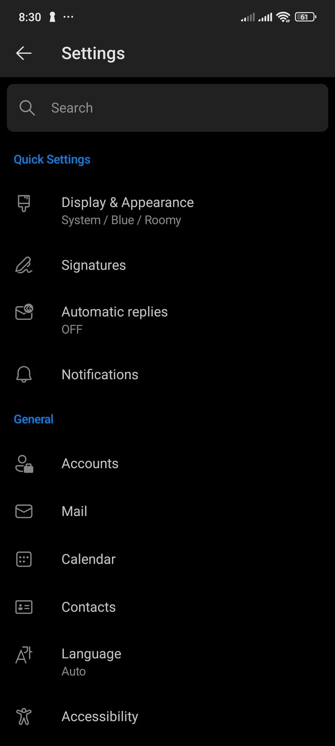 Màn hình ứng dụng Outlook trên Android hiển thị tùy chọn tài khoản.