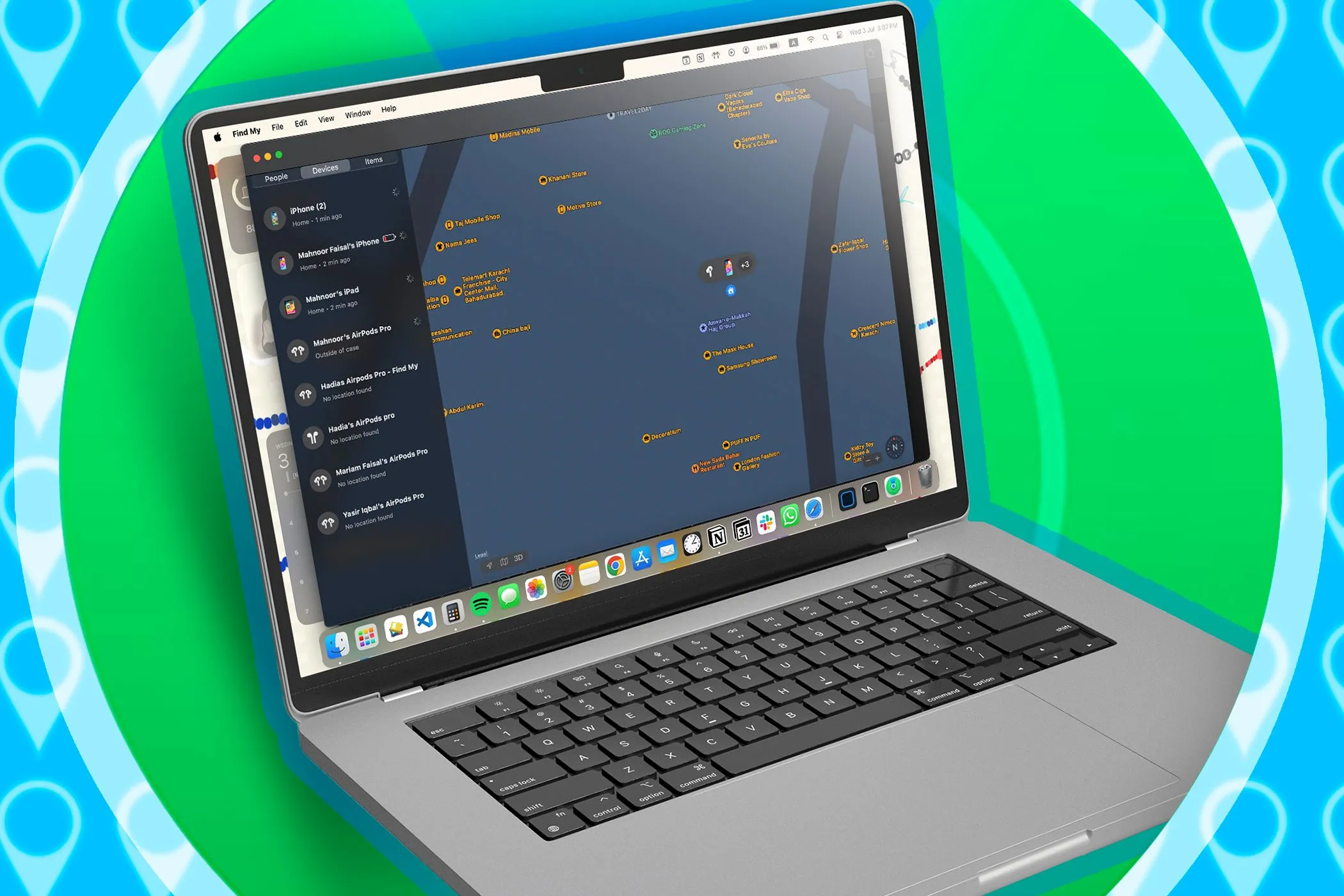 Màn hình ứng dụng Tìm của tôi (Find My) trên MacBook hiển thị vị trí thiết bị đã mất.