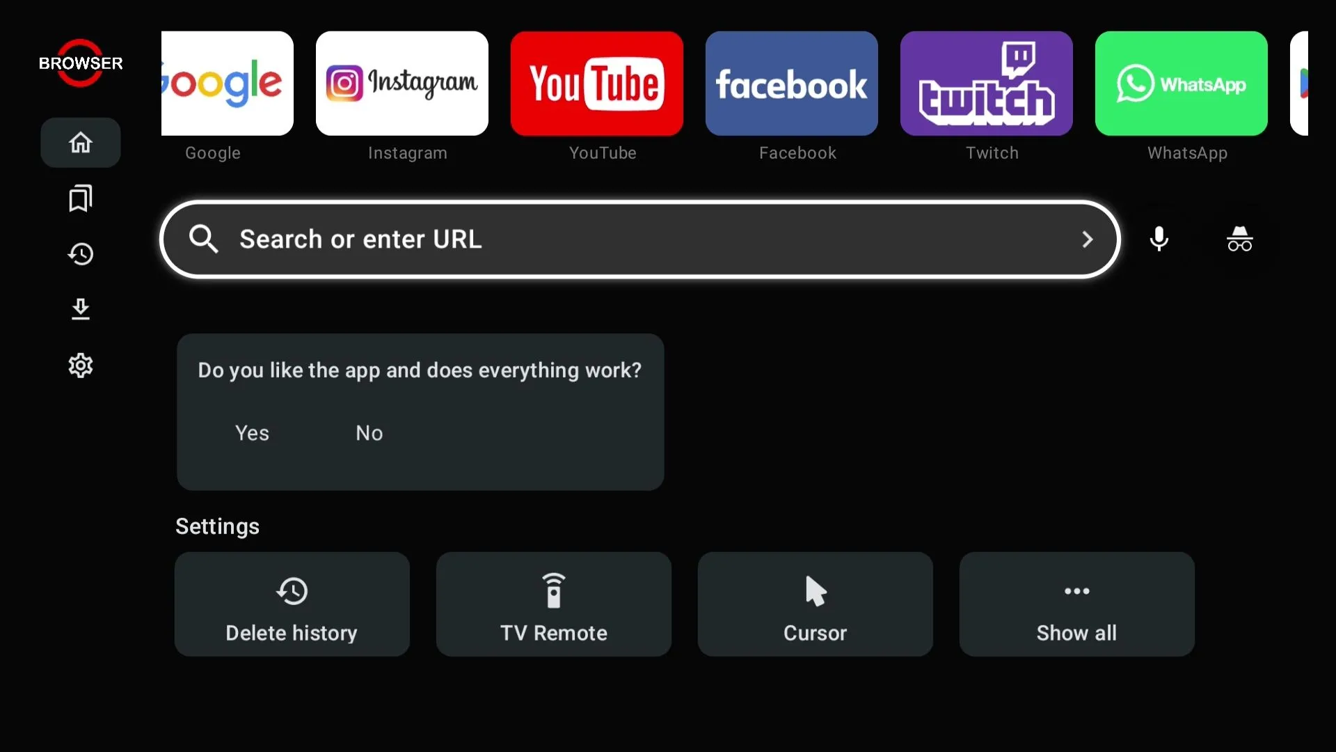 Màn hình ứng dụng trình duyệt web được mở trên Smart TV, hiển thị giao diện thân thiện với người dùng.