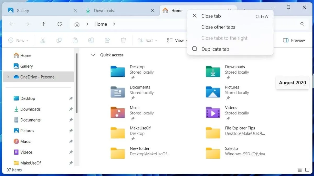 Màn hình Windows 11 File Explorer hiển thị các tab