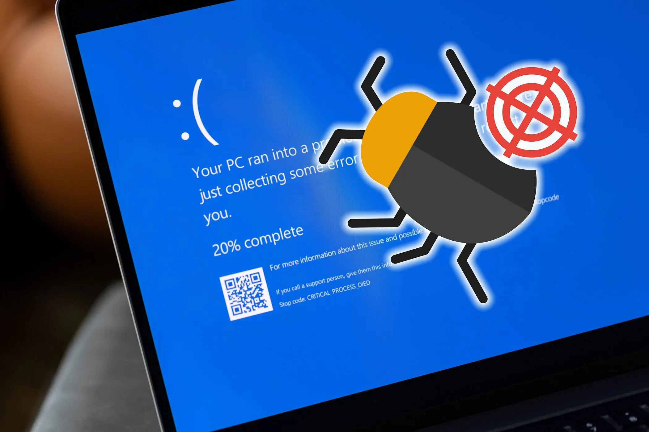 Màn hình xanh chết chóc (BSOD) của Windows hiển thị lỗi hệ thống và biểu tượng bug