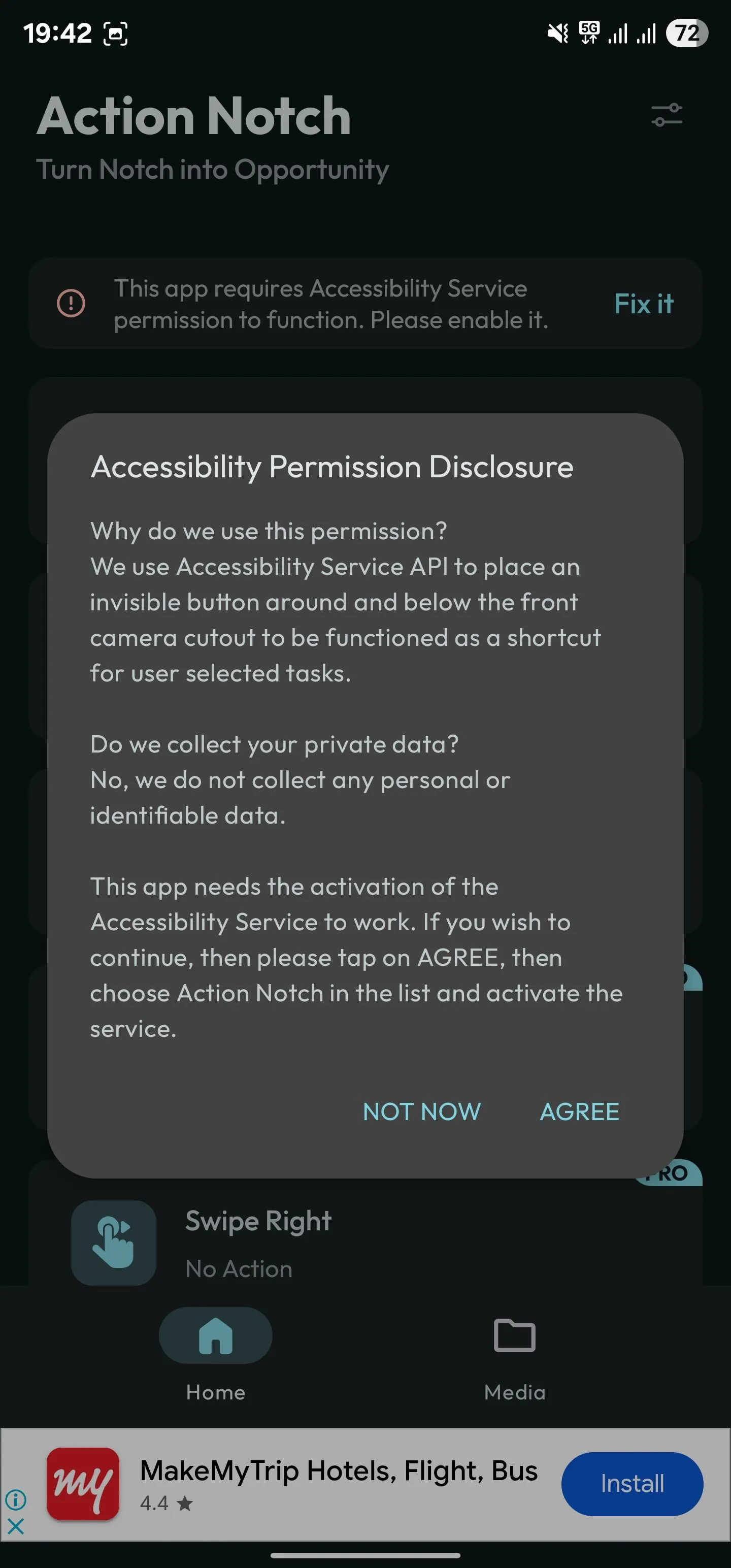 Màn hình yêu cầu cấp quyền Trợ năng (Accessibility) cho ứng dụng Action Notch trên Android.