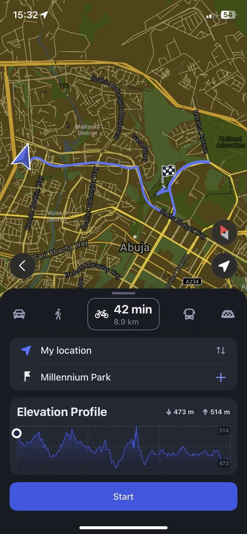 MAPS.ME hiển thị chỉ đường cho người đi xe đạp với lộ trình và thông tin.