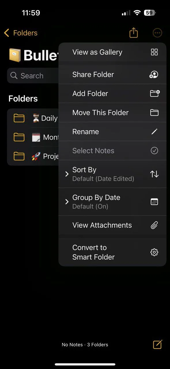 Mẫu ghi chú Bullet Journal cơ bản trong Apple Notes với các phần Nhiệm vụ, Sự kiện và Ghi chú phản tư hàng ngày.