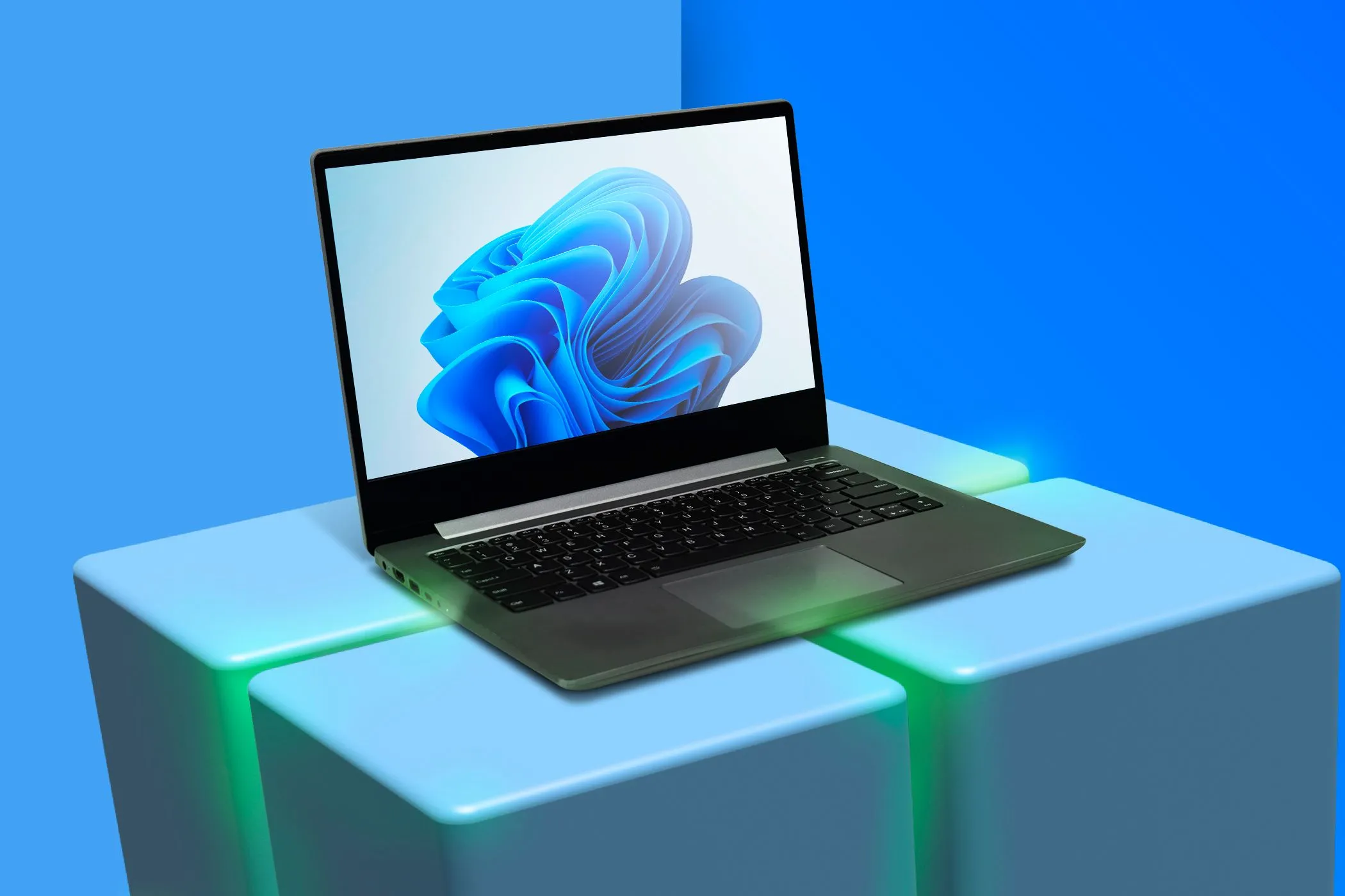 Máy tính xách tay hiển thị biểu tượng Windows 11 3D