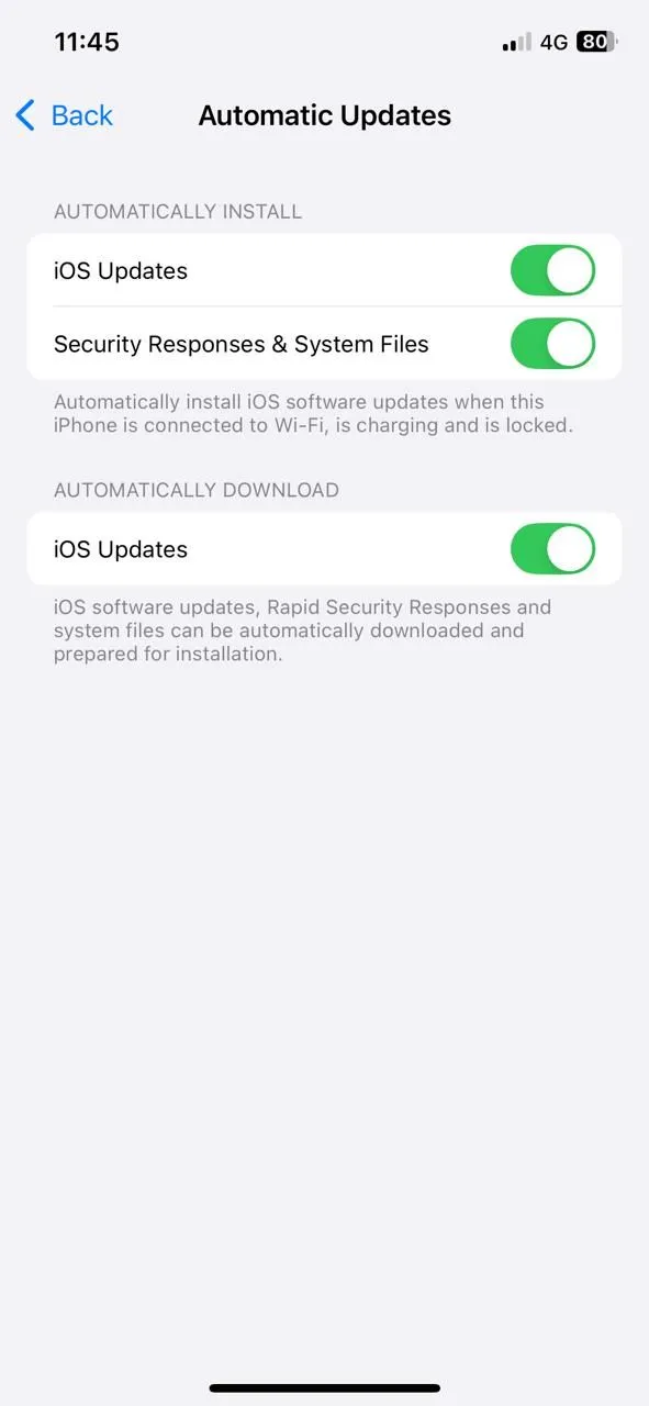 Menu cài đặt cập nhật phần mềm tự động trên iPhone.