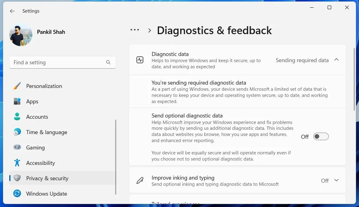 Menu cài đặt Chẩn đoán &amp; phản hồi trong ứng dụng Cài đặt của Windows 11, nơi quản lý dữ liệu thu thập.