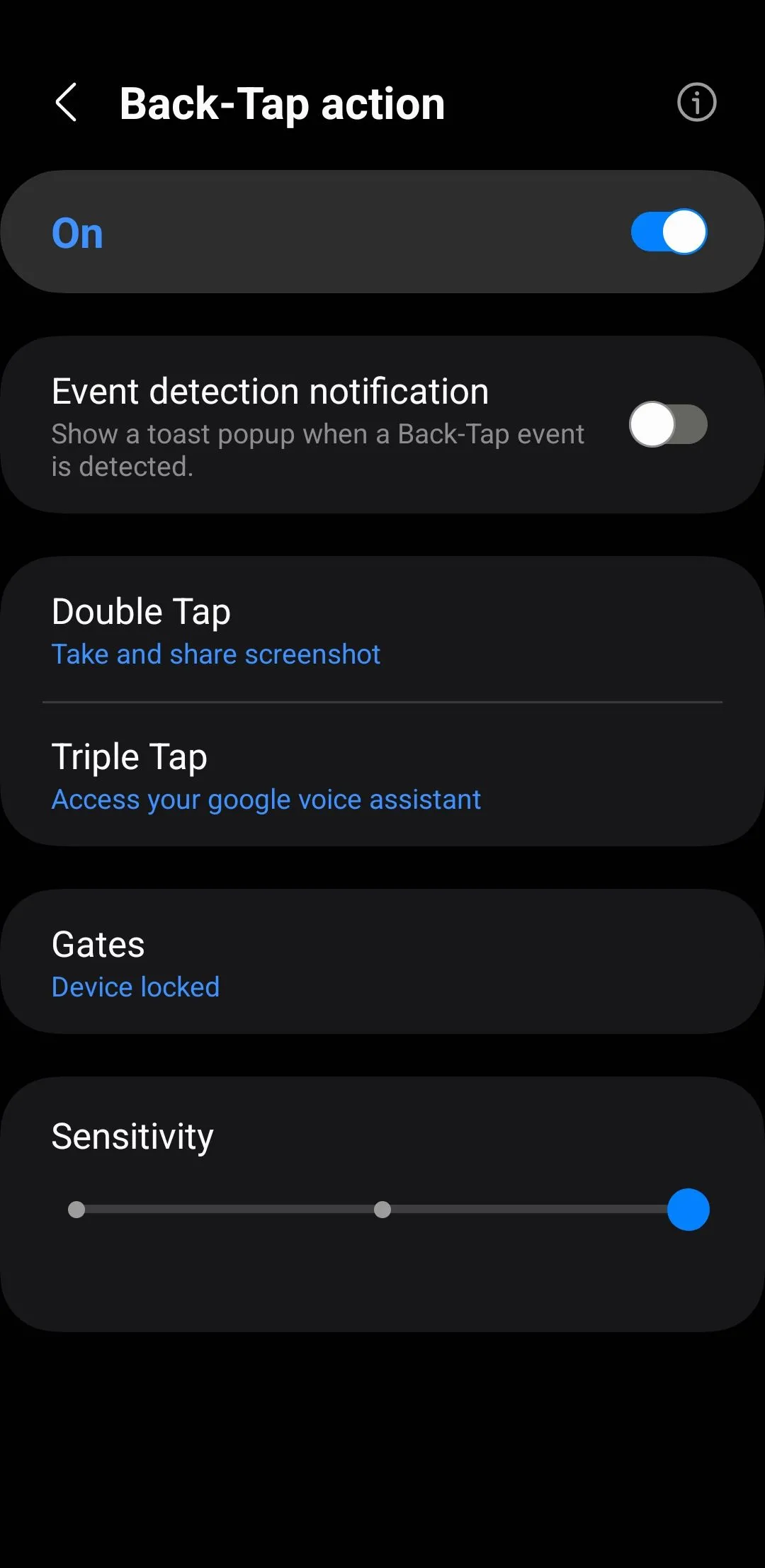 Menu cài đặt cử chỉ chạm lưng (Back Tap) trên điện thoại Samsung