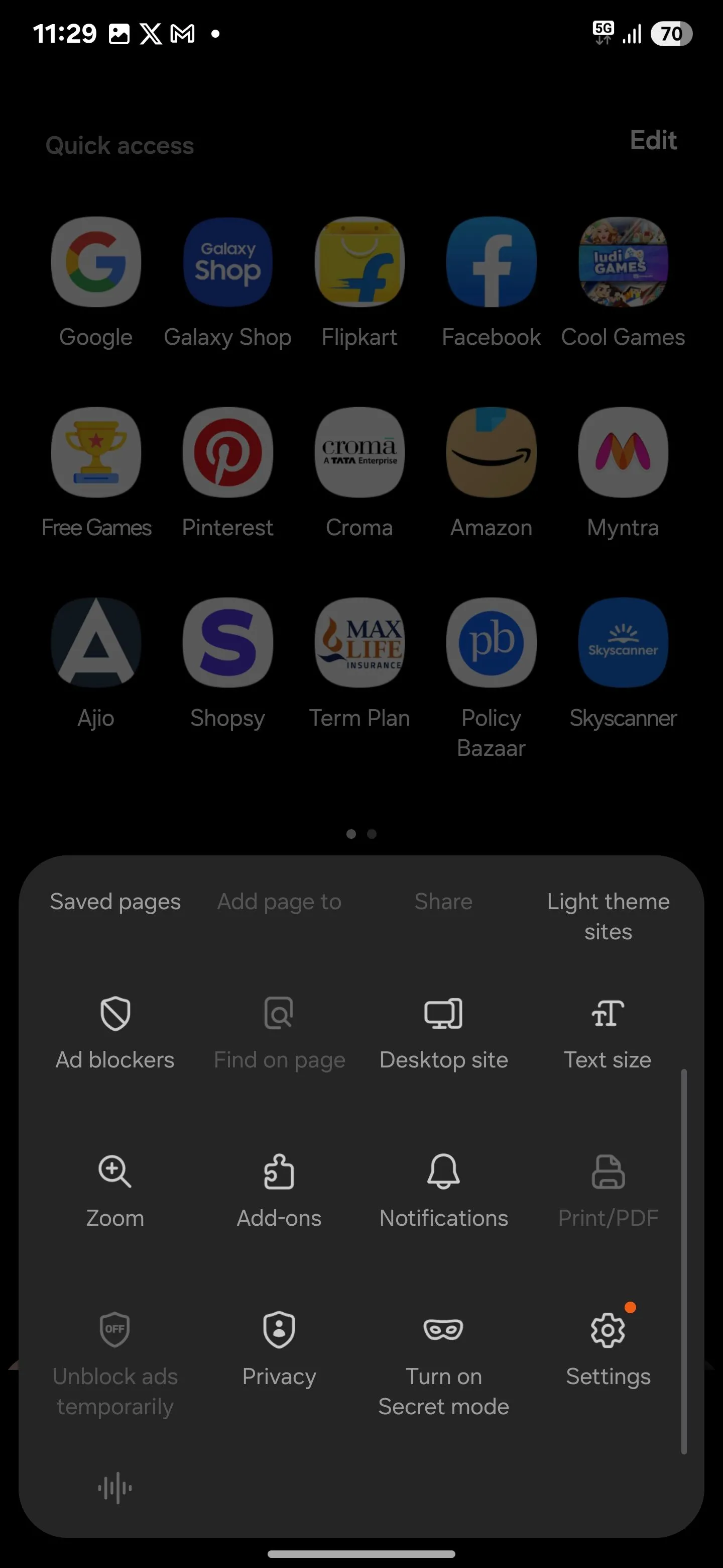 Menu cài đặt của ứng dụng trình duyệt Samsung Internet trên điện thoại Galaxy.