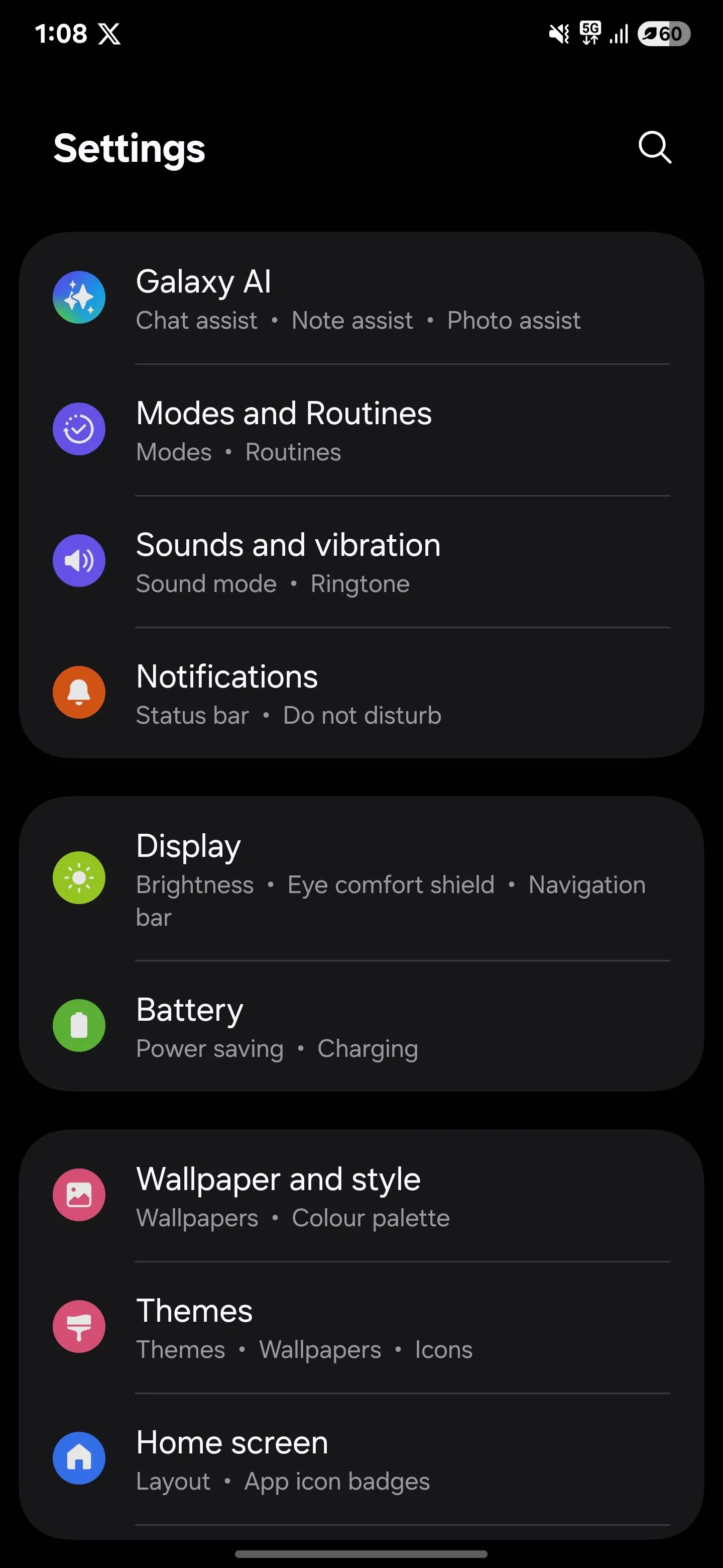 Menu cài đặt hệ thống trên điện thoại Samsung Galaxy S25 Ultra