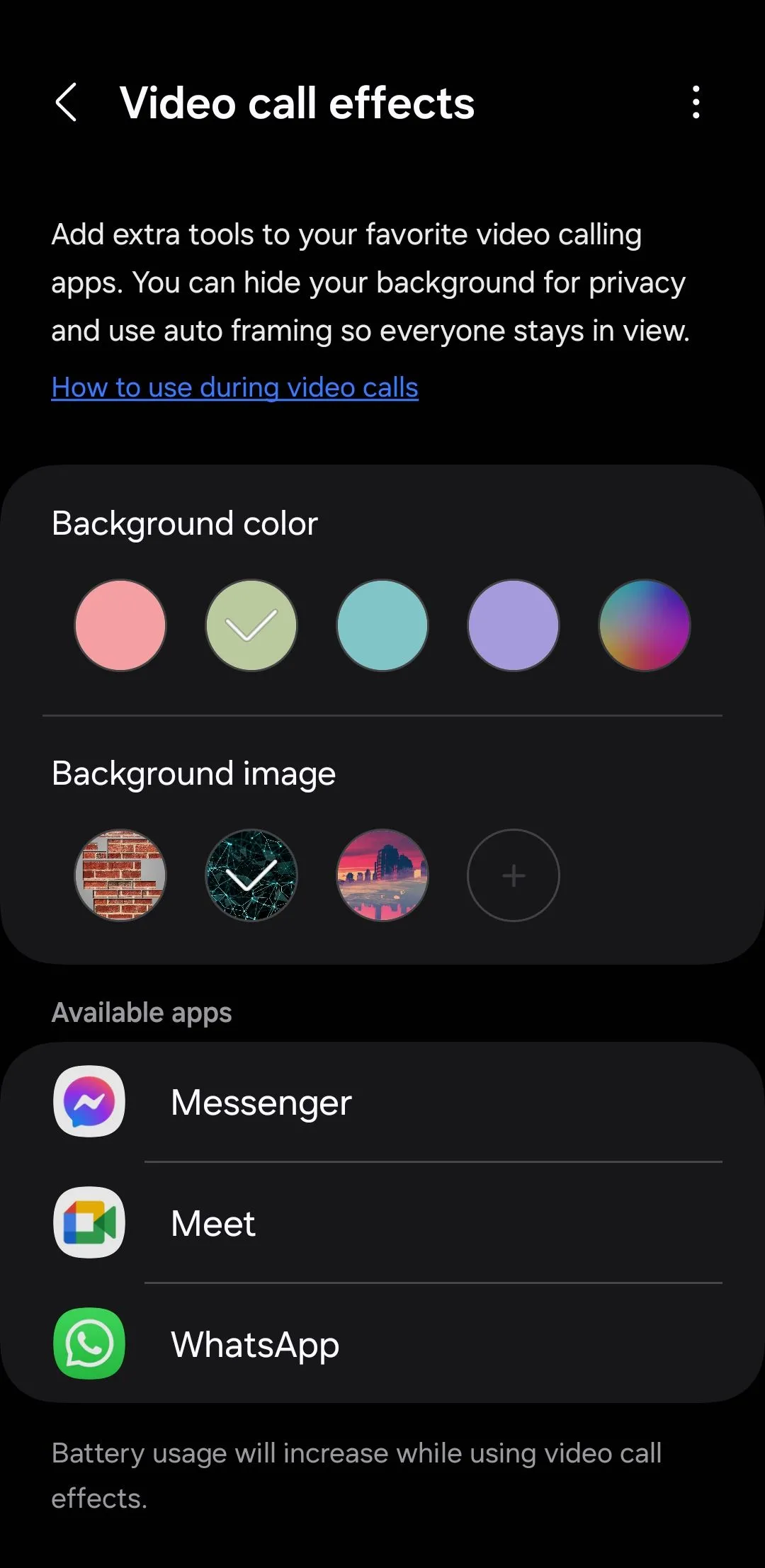 Menu cài đặt hiệu ứng cuộc gọi video trên điện thoại Samsung One UI
