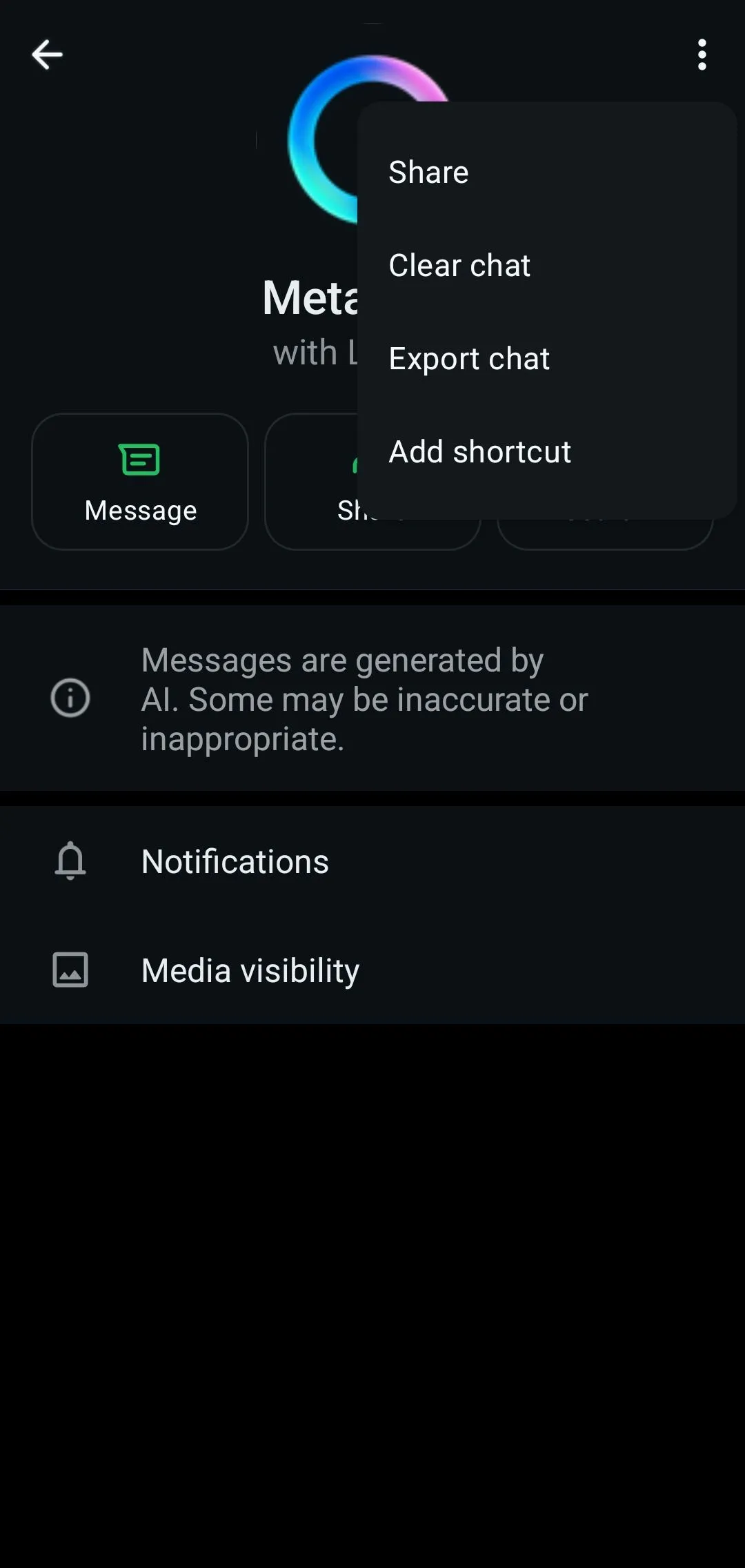 Menu cài đặt hồ sơ WhatsApp thể hiện sự thiếu vắng tùy chọn tắt Meta AI