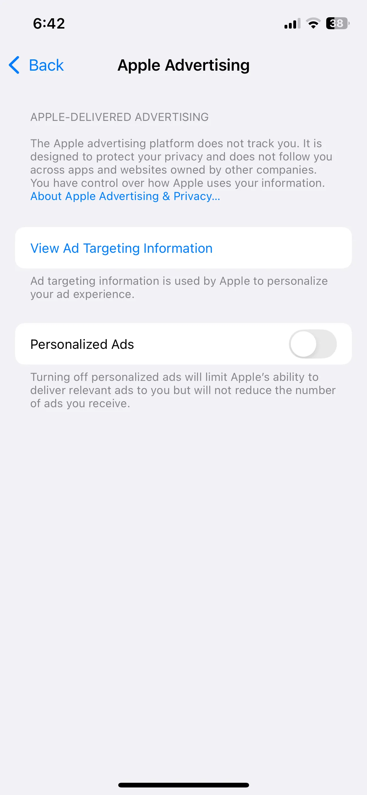 Menu cài đặt quảng cáo của Apple trong ứng dụng Cài đặt iPhone