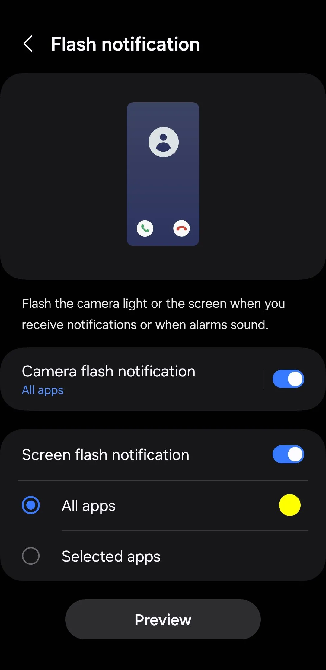 Menu cài đặt thông báo đèn flash trên điện thoại Android