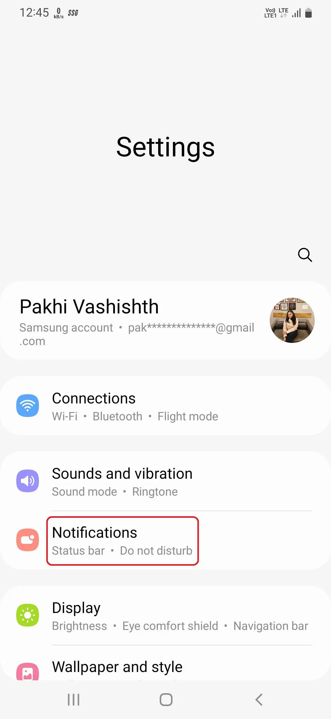 Menu Cài đặt Thông báo (Notifications) trên điện thoại Samsung Galaxy