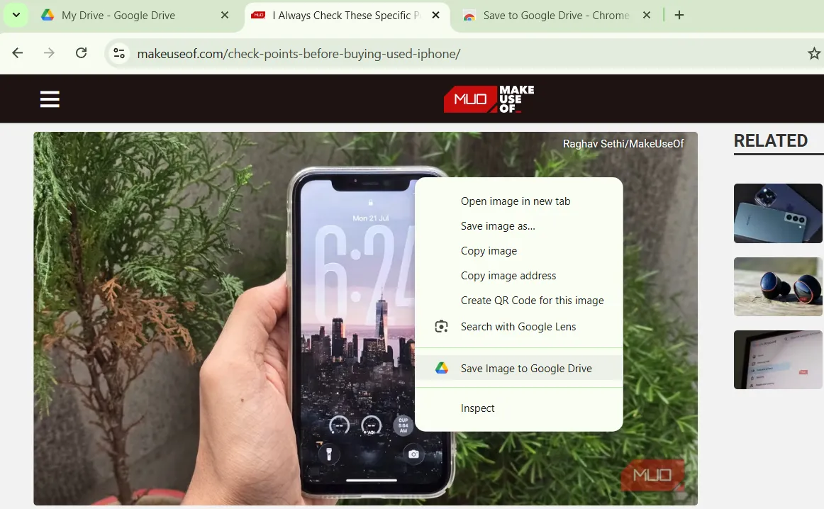 Menu chuột phải Chrome hiển thị tùy chọn Lưu vào Google Drive