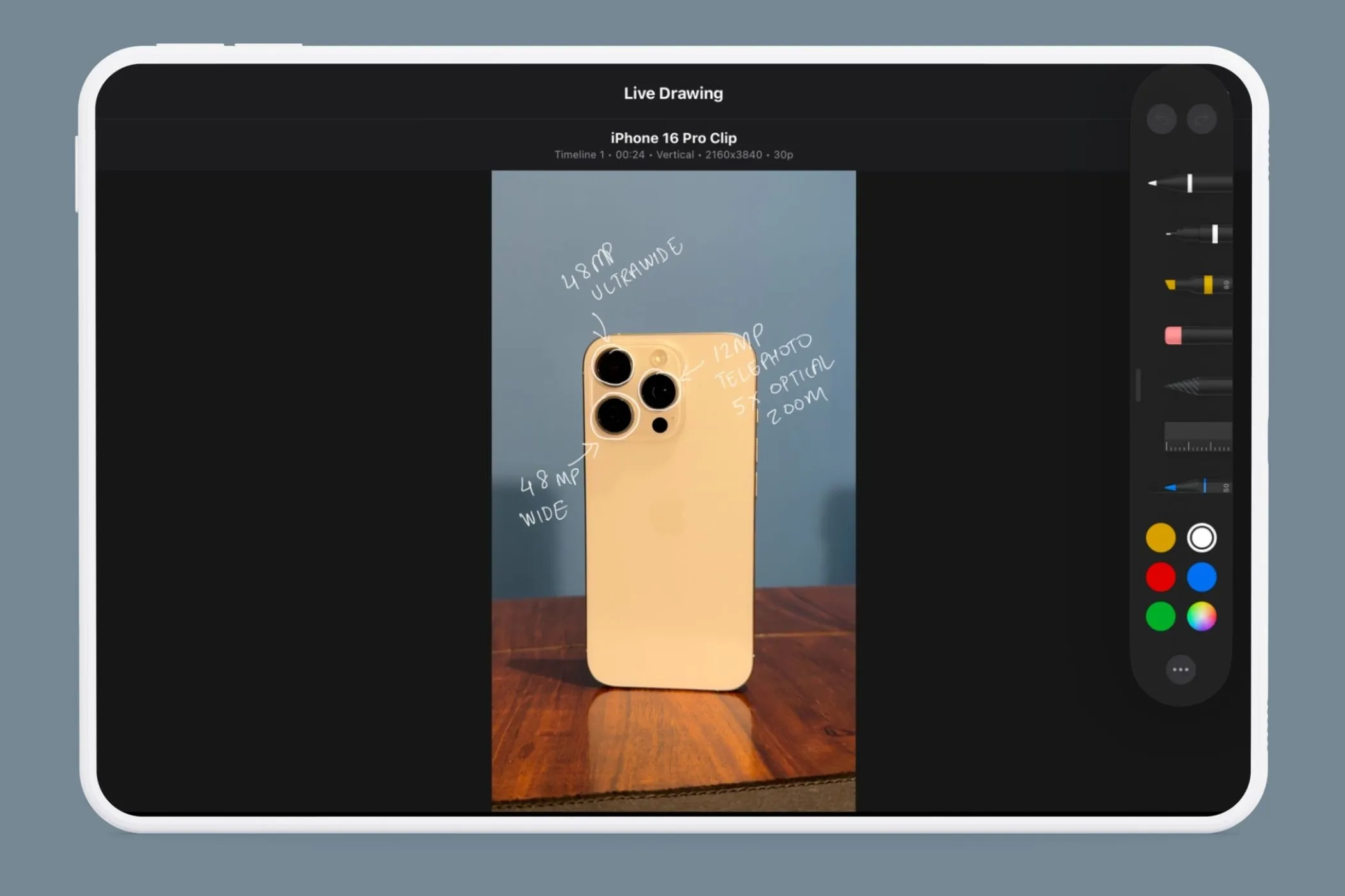 Menu công cụ Live Drawing của Final Cut Pro trên iPad hiển thị các tùy chọn bút vẽ như bút chì, highlight.