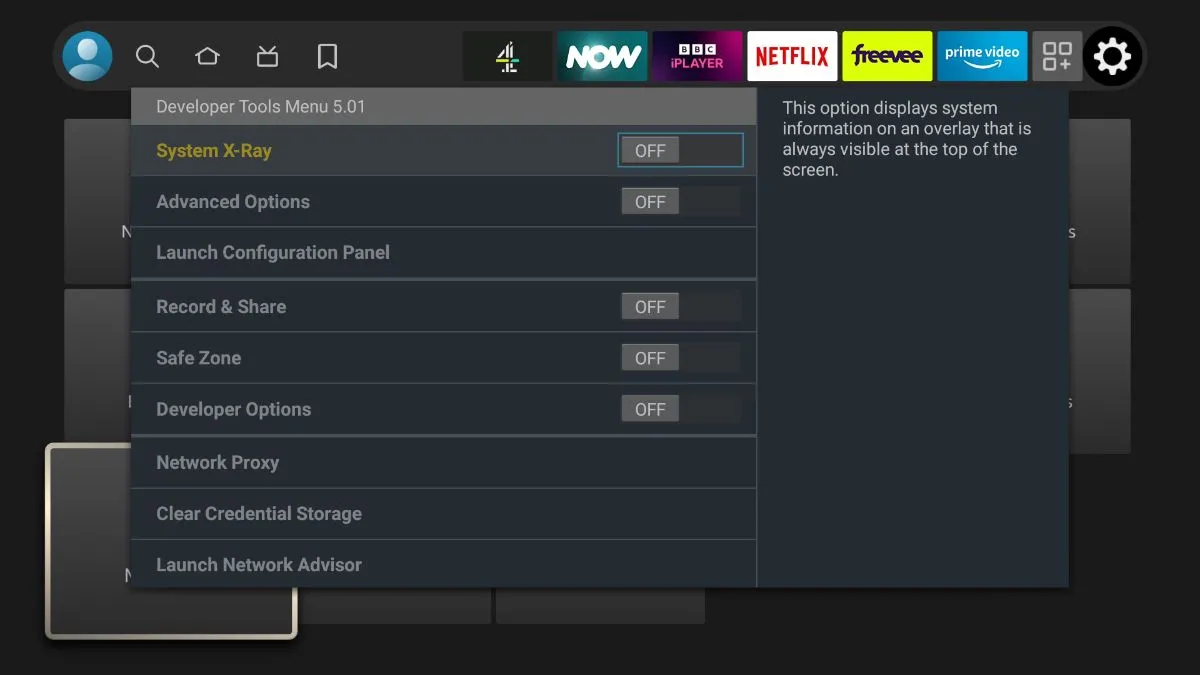 Menu Công cụ phát triển chuyên sâu trên Amazon Fire TV