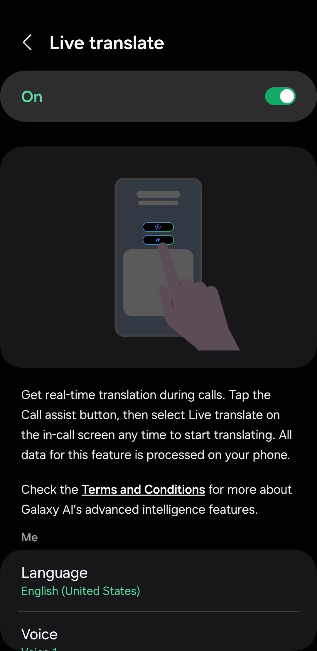 Menu dịch cuộc gọi trực tiếp (Live Translate) trong ứng dụng Điện thoại Samsung