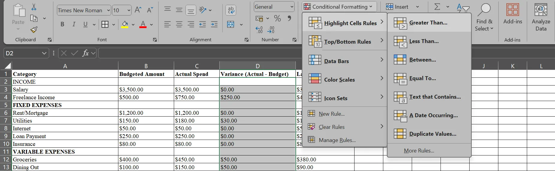 Menu Định dạng có điều kiện trên bảng tính ngân sách trong Microsoft Excel