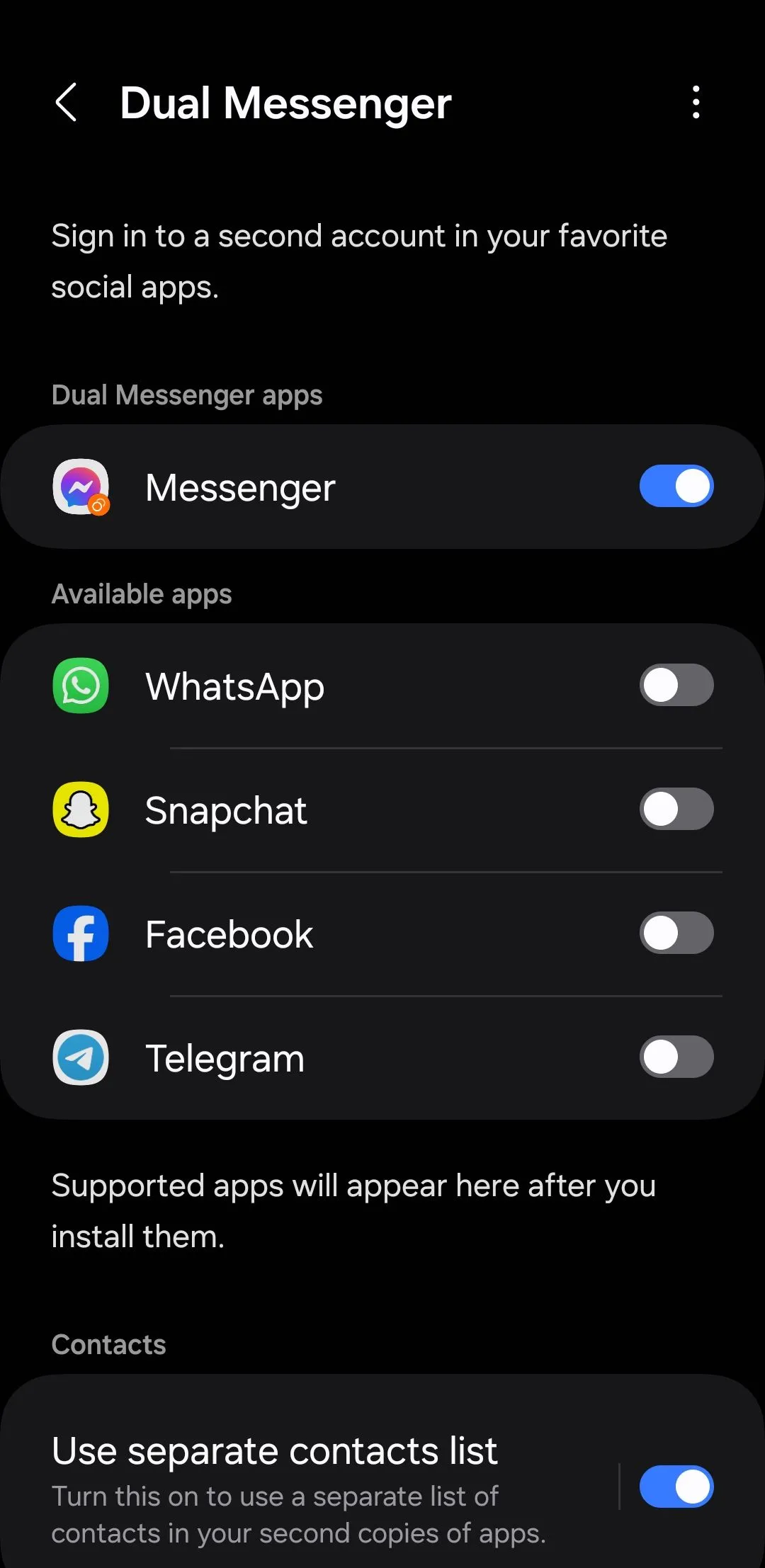 Menu Dual Messenger trên điện thoại Samsung Galaxy cho phép nhân bản ứng dụng nhắn tin