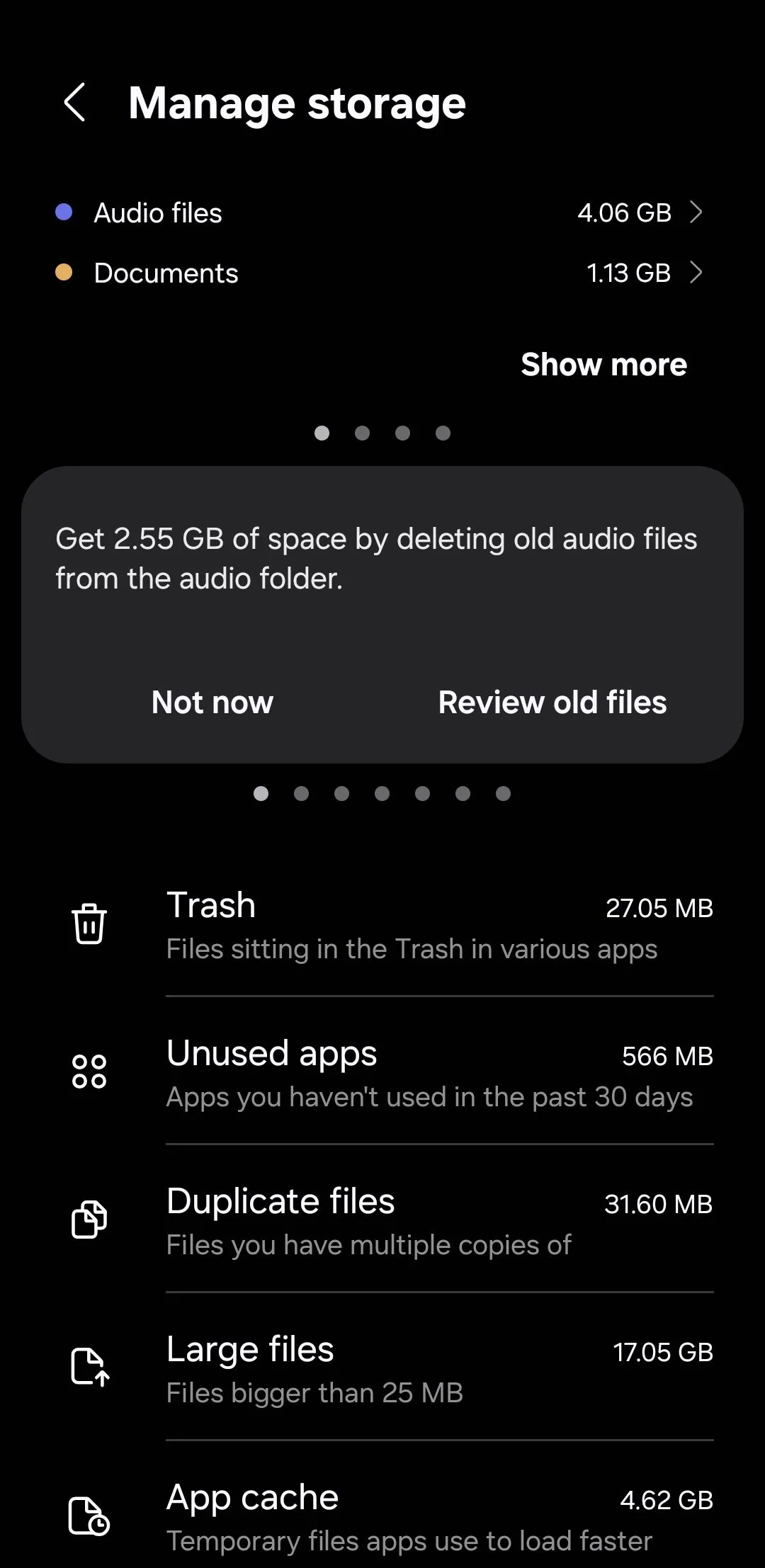 Menu Lưu trữ hiển thị mục 'Tệp trùng lặp' trong tính năng Chăm sóc thiết bị của Samsung