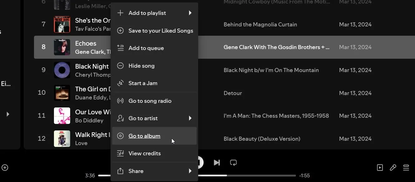 Menu ngữ cảnh Spotify với tùy chọn Chuyển đến album
