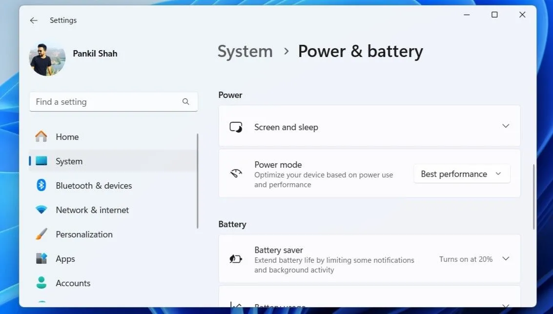 Menu Nguồn và Pin trong ứng dụng Cài đặt của Windows 11