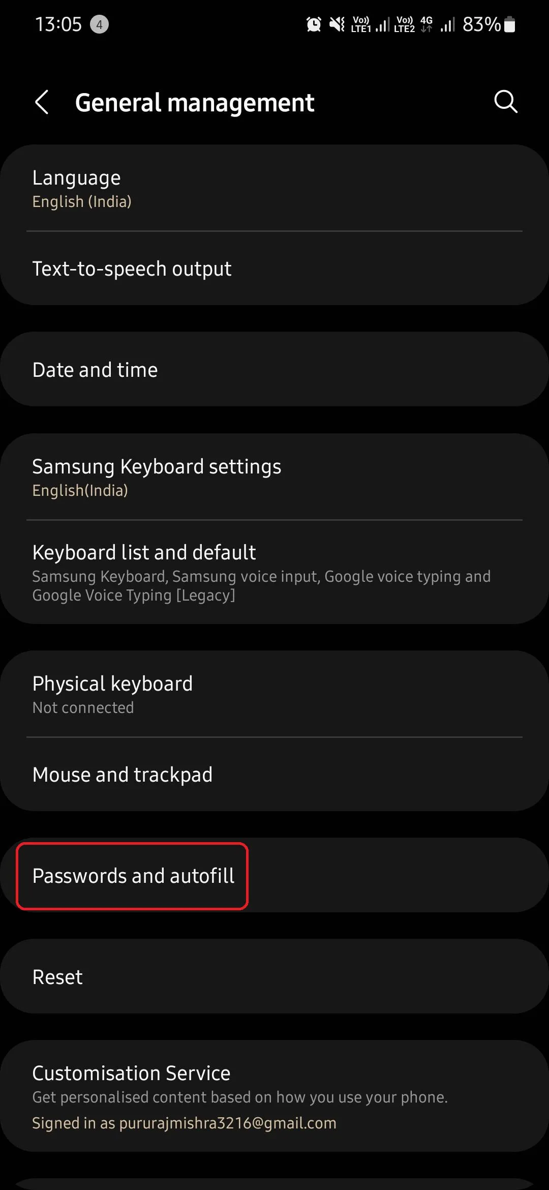 Menu Quản lý chung (General management) trên điện thoại Samsung, hiển thị tùy chọn Mật khẩu và tự động điền