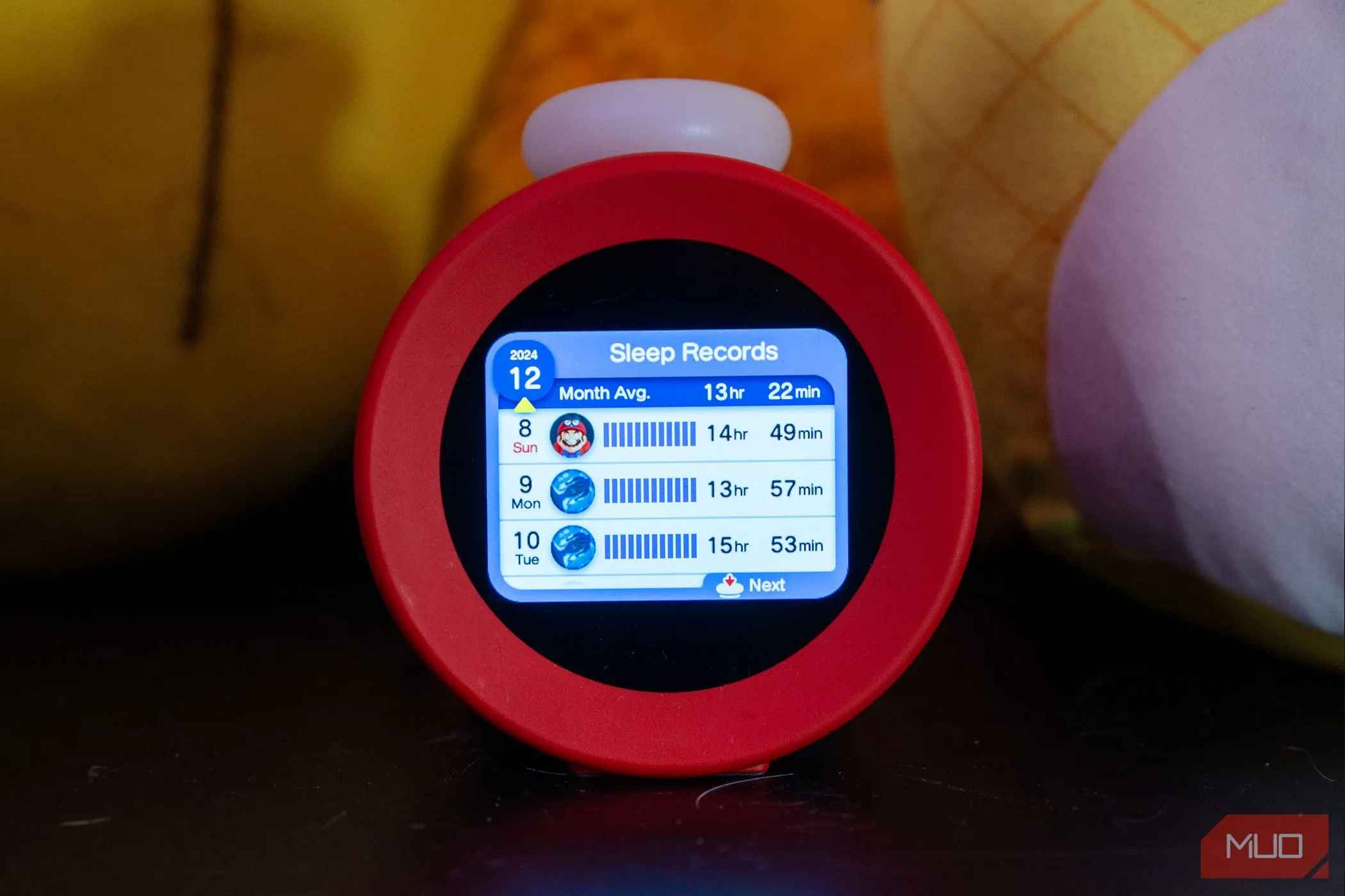 Menu thống kê giấc ngủ của Nintendo Alarmo hiển thị số liệu bị sai lệch do cảm biến nhận diện vật nuôi