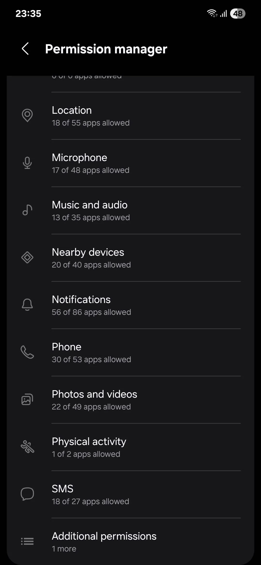 Menu Trình quản lý quyền trên Samsung, cho phép điều chỉnh quyền truy cập ảnh và video của ứng dụng