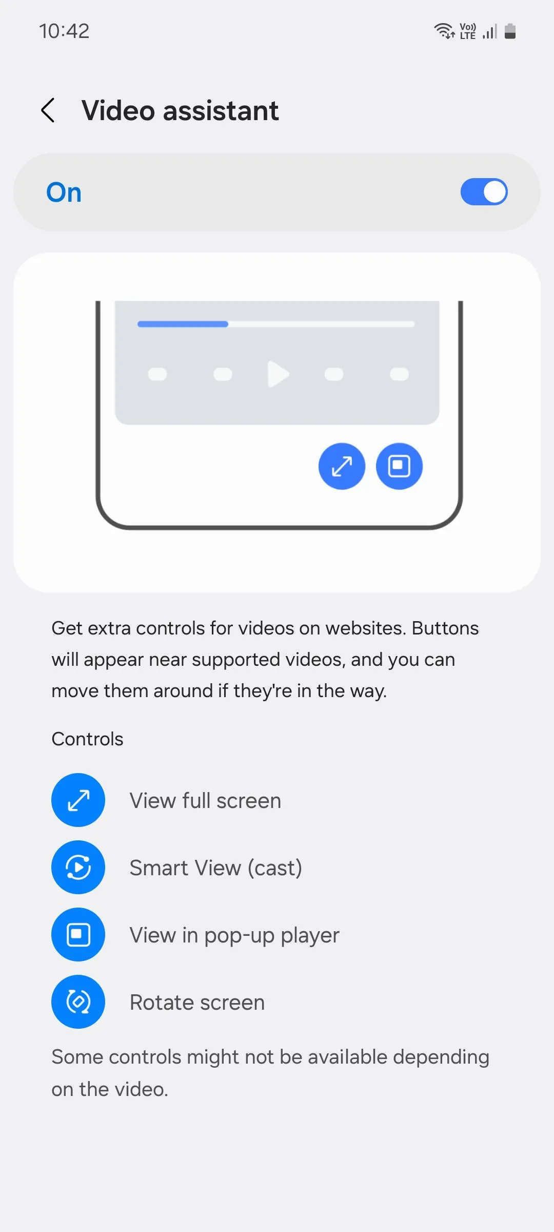 Menu trợ lý video của Samsung Internet hỗ trợ xem video tốt hơn