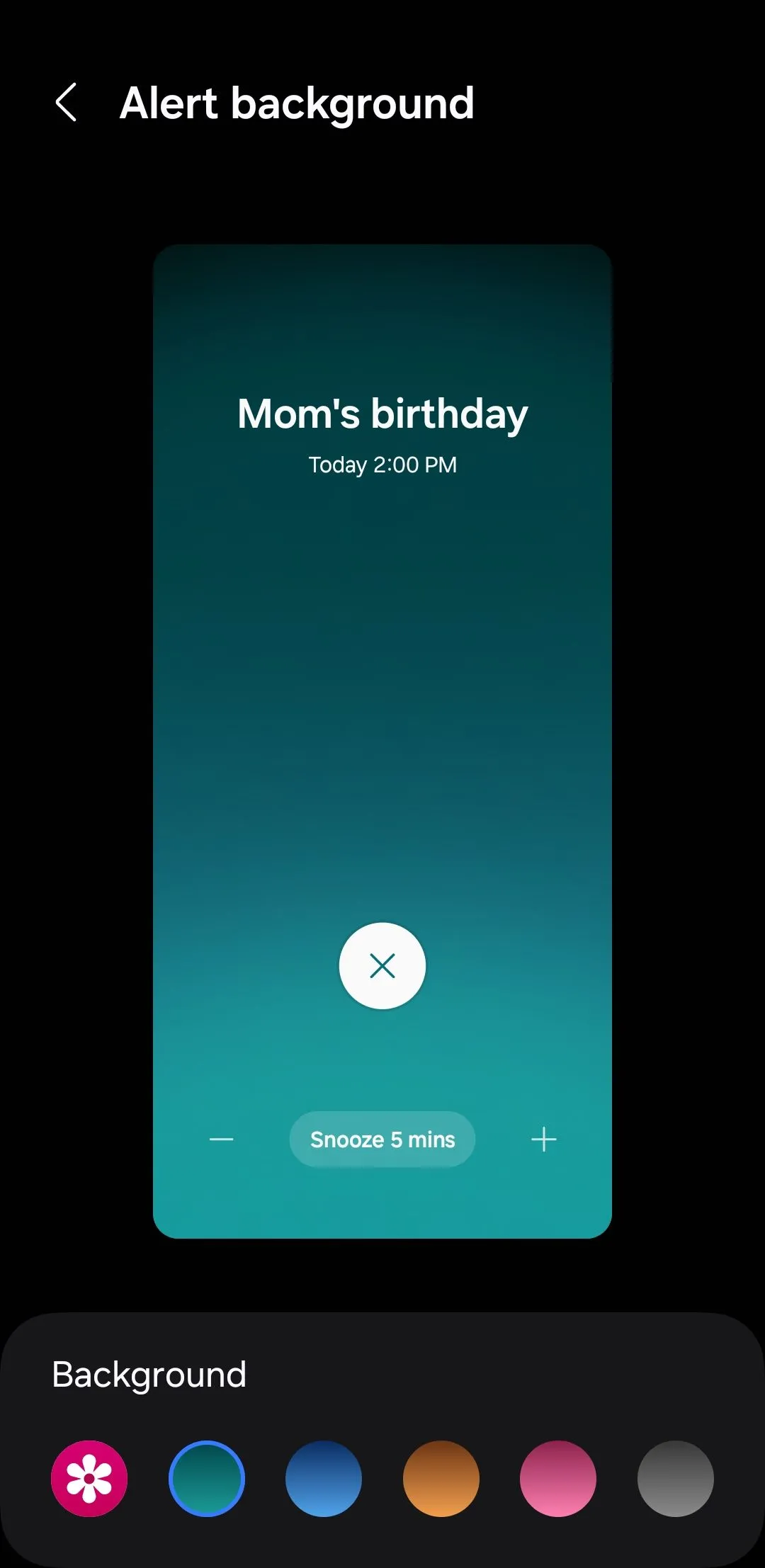 Menu tùy chỉnh nền cảnh báo trong ứng dụng Lịch Samsung