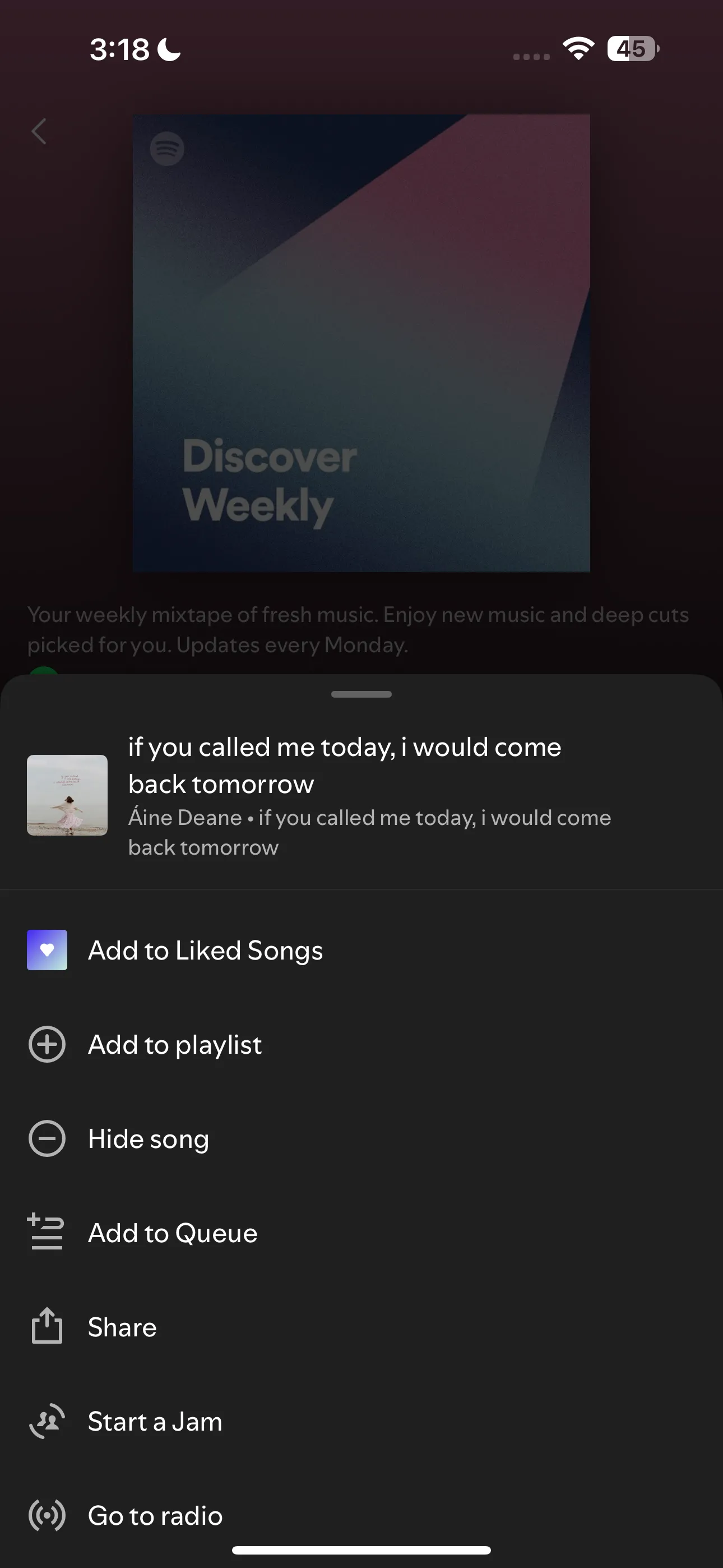 Menu tùy chọn bài hát trên Spotify với lựa chọn &quot;Ẩn bài hát&quot; để tối ưu gợi ý nhạc.