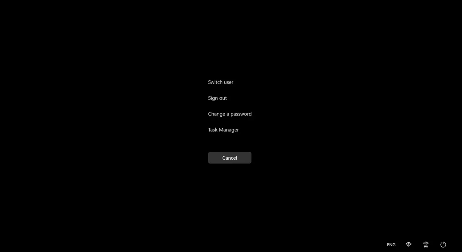 Menu tùy chọn hệ thống xuất hiện sau khi nhấn tổ hợp phím Ctrl + Alt + Delete trên Windows 11, bao gồm tùy chọn mở Task Manager.