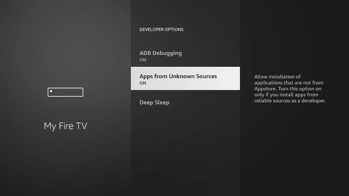 Menu Tùy chọn nhà phát triển trên thiết bị Amazon Fire TV
