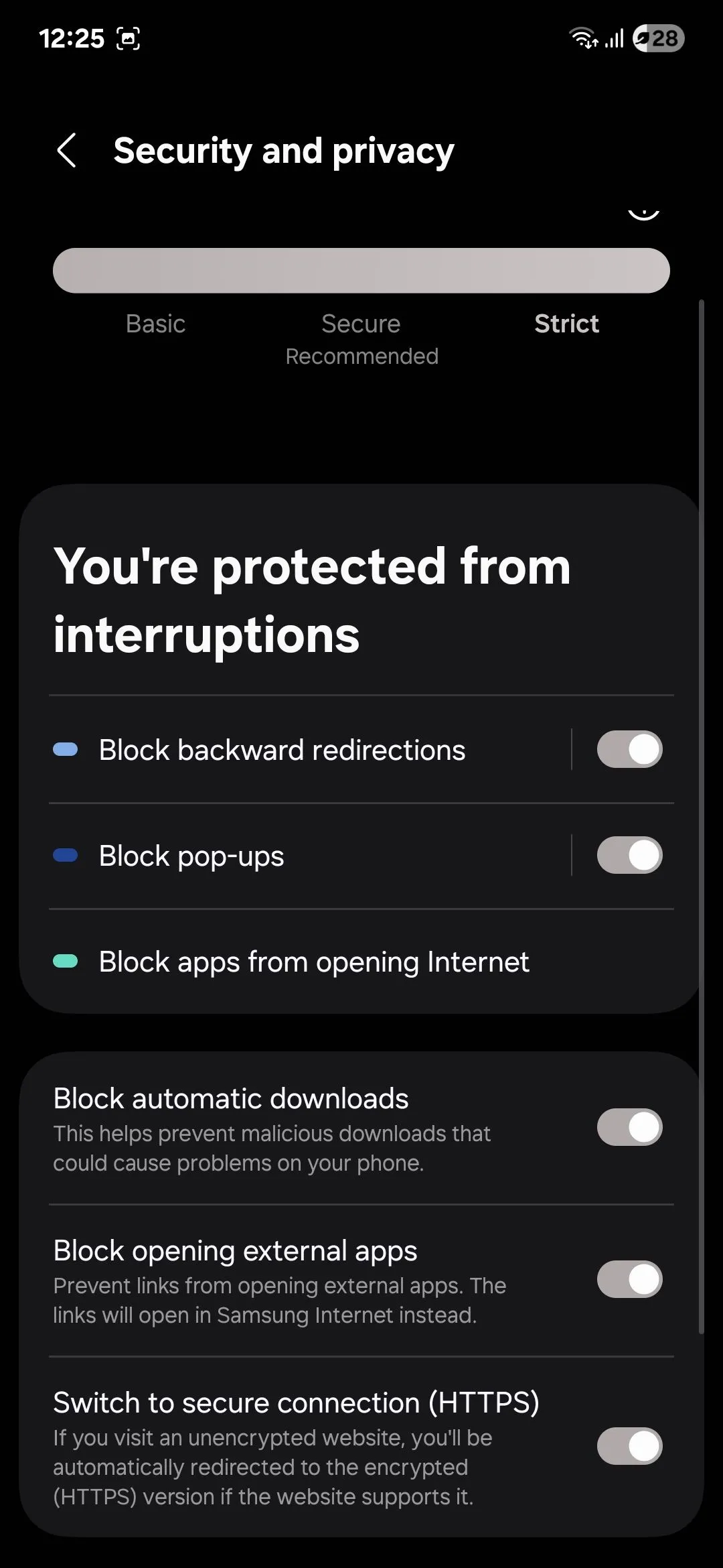 Menu tùy chọn quyền riêng tư và bảo mật trên trình duyệt Samsung Internet