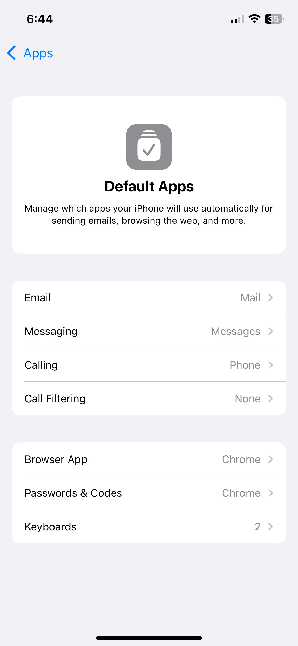 Menu Ứng dụng mặc định trên iPhone