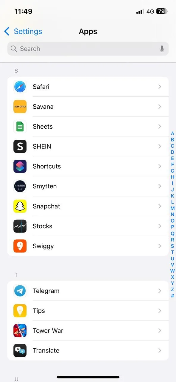 Menu ứng dụng trong cài đặt iPhone.